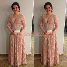 Modest Long Sleeve Lace Plus Size Mother Formal Wear With Bead V-Neck Evening Party Wedding Guest Dress Mother Of The Bride Dress Suit Gowns