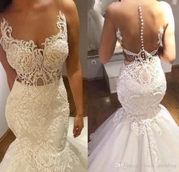 2019 Sexy Illusion Mermaid Wedding Dress Vintage Arabic Sheer Neck Lace Appliques Long Bridal Gown Plus Size Custom Made