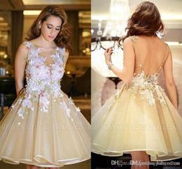New Arrival Floral Applique Homecoming Dresses A Line Sheer Crew Neck Backless Knee Length Short Champagne Prom Cocktail Party Gowns