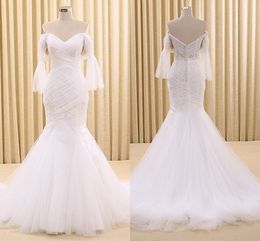 2020 designer Pleated Tulle Mermaid Wedding Dress Plus Size Off Shoulder Lace Open Back Robes De Mariée Bridal Dress Wedding Gowns New