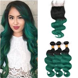 Black and Dark Green Ombre Peruvian Virgin Human Hair Wefts with Closure 1B/Green Ombre Body Wave Weave Bundles with 4x4 Lace Closure