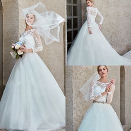 2020 Golamorous Wedding Dresses Jewel Long Sleeve Appliques Sash Lace A Line Wedding Gowns Floor Length Bridal Dresses