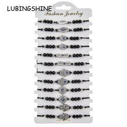 Charm Bracelets 12pcs/lot Women Fatima Hand Charms Bracelet Set Crystal Bead Rhinestone Braided Adjustable Rope Chain Wristband Jewelry