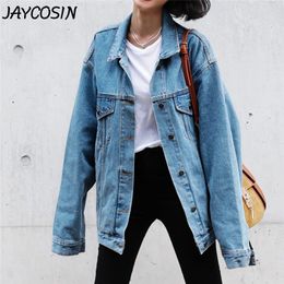 JAYCOSIN Women Denim Coat Solid Long Sleeve Turn-down Collar Jean Jacket Denim Blue Fashionable Retro Cowboy Loose Casual Jacket