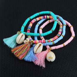 hot Bohemian shell bracelet national style tassel bracelet Colourful soft pottery charm Wristlet for lady girls party Favour T2C5240