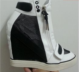 Hot Sale-Mesh Height Increasing Shoes Women Black-White Platform High Heel Wedges Sneakers Zip Up Leather Women's Casual