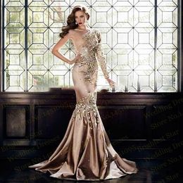 Elegant Luxury Zuhair Murad Dresses Evening Wear Dubai One Shoulder Long Sleeve Rhinestone Crystal Formal Gowns Muslim Gold Prom D271d