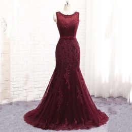 Burgundy Mermaid Evening Dresses Elegant Maroon Lace Appliques Prom Dresses with Jewel Neck Sleeveless Bow Sash Formal Dress