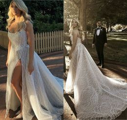 sexy wedding dresses spaghetti strap sleeveless hightsplit sequins lace applique bridal gown tulle sweep train custom made robes de marie