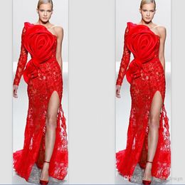 -Elegante Elie Saab 2020 ein Schulter-Einzel-Hülsen-Spitze großer Bogen Applique vorne Split Red Abendkleid anpassen Prom Celebrity Kleider