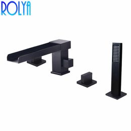 Rolya Contemporary Deck Mounted Solid Brass Waterfall Roman Tub Faucet with Hand Shower in Matte Black