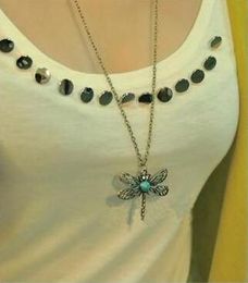 Fashion-dragonfly necklace Turquoise Retro Dragonfly Design Hollow carved Dragonfly Sapphire Diamond for women Sweater Necklace Statement