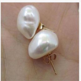 Aurora hand-made TwoPin party 12x14mm Baroque Pearl Earrings 14K YELLOW GOLD