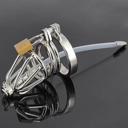 Free shipping-Small-Size Male stainless steel Cock Cage Chastity Art Device with long silica gel Catheter and non-slip ring/BDSM Sex toys