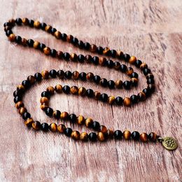 New Design Couple Rosary Necklace Mala Bead With Bronze Lotus Buddha Pendant Vintage Beaded Necklace Men Natural Stone Tiger Eye