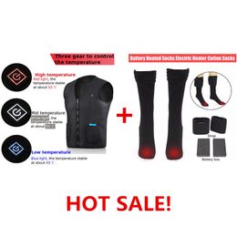 HOT! Unisex Motorcycle Electric Heated Warm Vest In USB Warm Anywhere, Anytime +Thermal Cotton Socks Battery