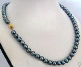 Beautiful 9-10mm natural south seas black gree pearl necklace 18inch 14k gold clasp