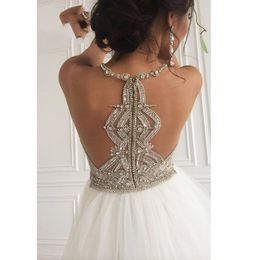 Dubai Beach senza maniche abiti da sposa in rilievo di cristallo reale pos halter aline tulle alta divisa abiti da sposa robe de mariee218A