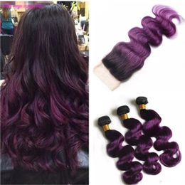 Dark Root Purple Ombre Indian Virgin Human Hair Weave Extensions with Closure Body Wave #1B/Purple Ombre Lace Front Closure 4x4 with Bundles
