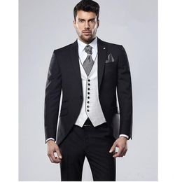 New High Quality One Button Black Groom Tuxedos Peak Lapel Groomsmen Best Man Suits Mens Wedding Suits (Jacket+Pants+Vest+Tie) 876