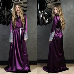 Purple Bridal Bathrobe Full Length Lingerie Nightgown Pajamas Sleepwear Lace Luxury Dressing Gowns Housecoat Nightwear Lounge Wear