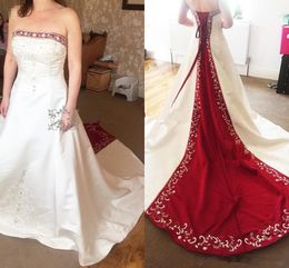 A-line Sleeveless Floor Length Embroidered White Satin Wedding Dress with Red Tone Strapless Bridal Dresses with Corset Back