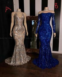 Sparkly Sequined Champagne ROyal Blue Mermaid African Prom Dresses 2020 Long Sleeve Graduation Formal Dress Plus Size Evening Gowns