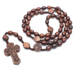 New Fashion Handmade high quality Round Bead Catholic Rosary Cross Religious brown Wood Beads Mens Rosary Necklace God bless you