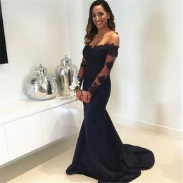 Long Black Evening Dress Mermaid Lace Stain Prom Dress Long Sleeve Formal Gowns