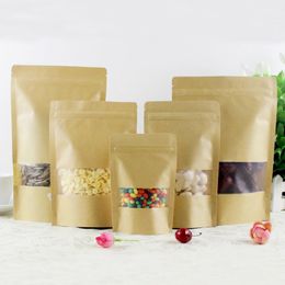 100 pcs Thick Kraft Paper Bags Zip Lock Stand-up Reusable Sealing Food Pouches with Window for Kitchen Food Storage, Custom Logo