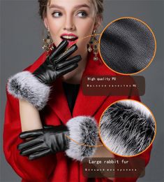 Fashion-Women New Ladies Rabbit Fur PU Leather Warm Gloves Black Mittens Winter Full Palm Touch Screen Velvet glove G037