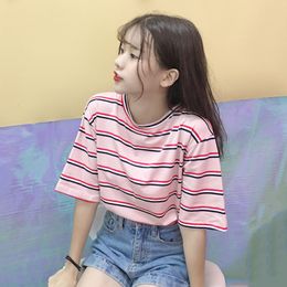 Korean O-neck T Shirt Women kawaii pink Striped Tops Harajuku Tshirt Summer Short Sleeve casual loose T-shirts camiseta feminina