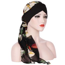 Fashion-Fashion Muslim Women Turban Hat Floral Printed Long Tail Cap Headwrap trendy
