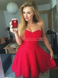 Modest Sweetheart Arabic Lace Red Homecoming Dresses Sleeveless Knee Length African Short Graduation Prom Dress Cocktail Party Club Wear