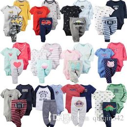 Baby Kinder Designerkleidung Baby 3 teile/satz Baumwolle Cartoon langärmeligen und kurzärmeligen Overall + Hosen Set für Kinder