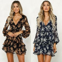 Womens Chiffon Long Sleeve Wrap Boho Floral Summer Party Evening V-neck Beach Short Mini Dress Sundress S-XL Female