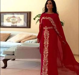 Elegant Red A Line Arabic Evening Dresses Jewel Neck With Long Cape Gold Lace Appliques Muslim Prom Party Gowns Chiffon Formal Women Wear