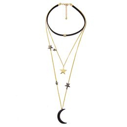 Fashion- Choker Necklaces For Women Three Layers Metal Stars Moon Pendant Necklace Fashion Jewlery Christmas Gift