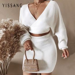 Yissang Elegant Sweater 2 Women V Neck Long Lantern Sleeve Crop Top and Short Skirt Two Piece Set Femal Autumn Clothes