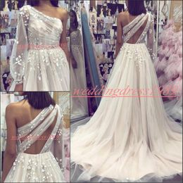 Stunning African Sheer Wedding Dresses Tulle Garden 2019 One Shoulder Long Puffy Sleeve Spring robe de mariée Bride Dress Ball Bridal Gowns
