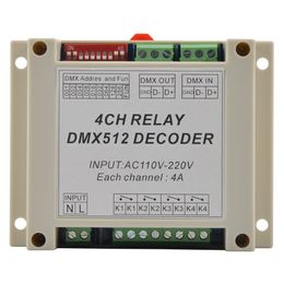 -DMX-RELAY-4CH 4CH dmx512 relay Controller, 4CH RELAY OUTPUT, entrada AC110-220V, carcasa de plástico, con guía