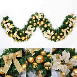 2.7m Gold/Red Hot Sale Luxury Bowknot Flower Balls Decorated Thick Mantel Fireplace Christmas Garland Pine Tree