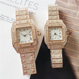 Amantes de luxo relógios de pulso quadrados com diamante completo homens mulheres designer relógios casais completo congelado relógio para número romano hora m3054