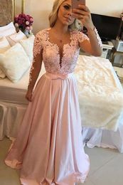 Abendkleider Beaded Lace Pink Prom Dresses Long Sleeve Evening Gowns Open Back Cocktail Party Formal Dress