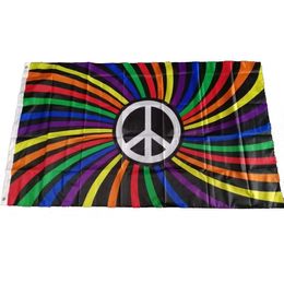 3x5 Rainbow Swirl Pride Flag with Peace Symbol Polyester Fabric Printed Cheap Price Wholesale, free shipping