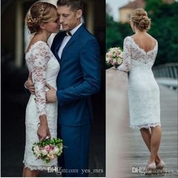 Vintage Cheap Sexy Short Full Lace A Line Wedding Dresses V Back 3/4 Long Sleeves Knee Length Plus Size Formal Bridal Gowns Cheap Custom