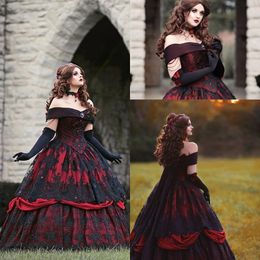 Gothic Belle Czerwona Czarna Koronkowa Suknia Ślubna Vintage Lace-Up Corset Steampunk Sleeping Beauty Off Ramię Plus Rozmiar Suknia Ślubna