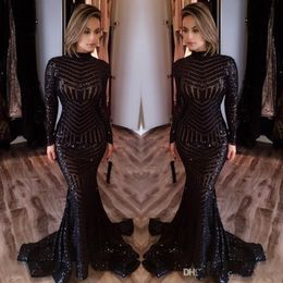 Sparkly Black Sequined Mermaid Evening Dresses High Neck Long Sleeves Floor Length Arabic Formal Cheap Prom Party Gowns Custom Made