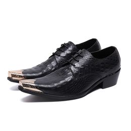 Black Oxford Shoes Men Alligator Pattern Genuine Leather Formal Men Shoe Lace Up Metal Toe High Heels Men Wedding Dress Shoes