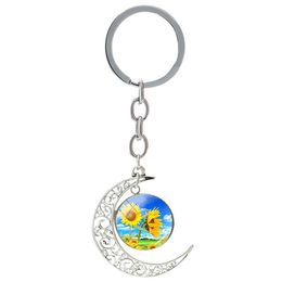 Yellow Sunflower Charms Keychain Moon Pendant Key Rings Glass Cabochon Dome Jewellery For Woman Girls Gift Custom